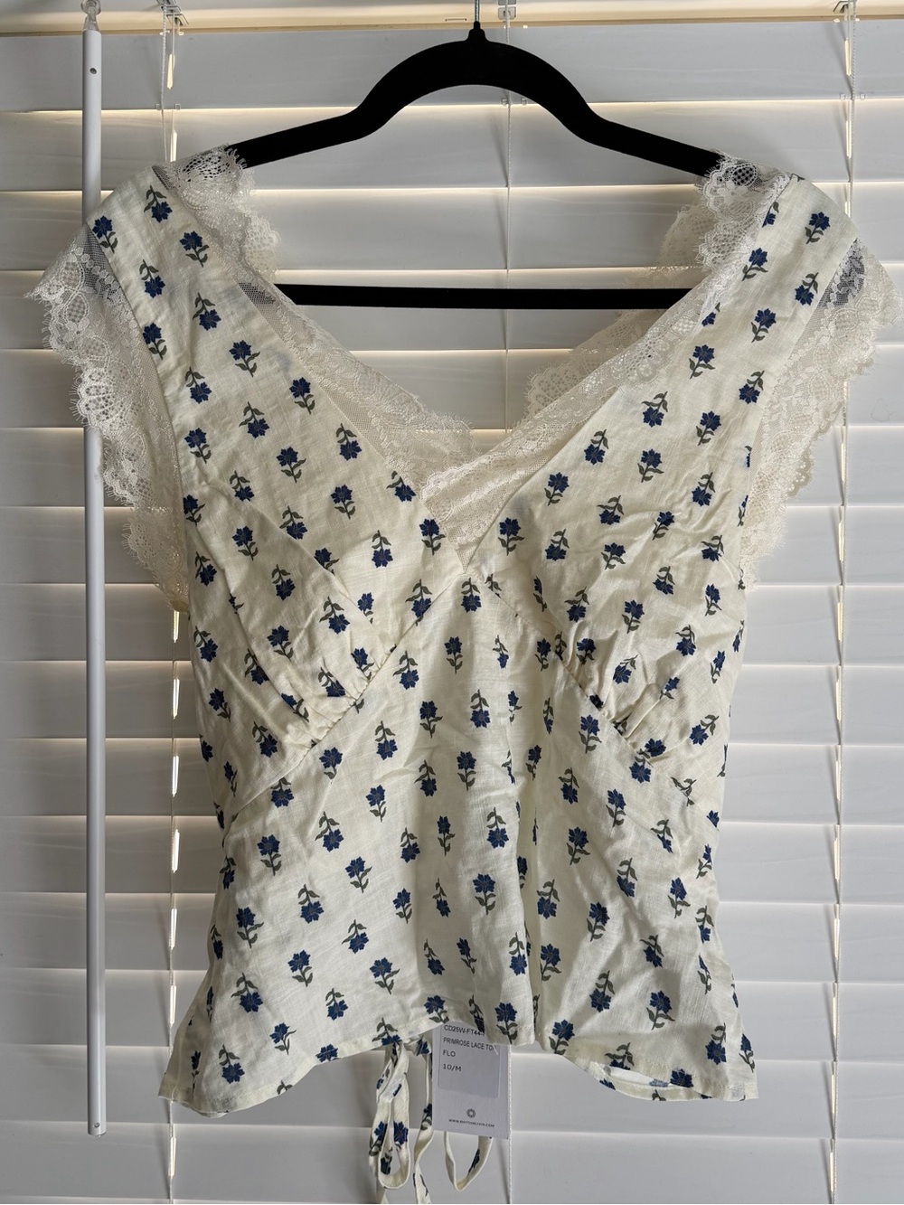 Rhythm. Cream Floral Tie-Front Tank with Blue Blossoms